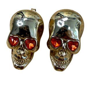 Gold Skull Earrings With Orange Heart-Shaped Eyes For Pierced Halloween & Fall